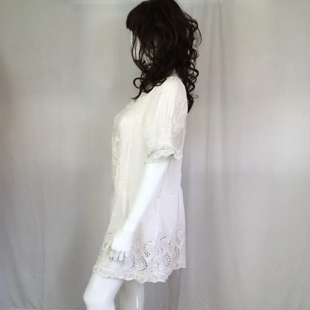 Free People Intimately White Short Sleeve Lace Mini Boho Cottagecore Dress M